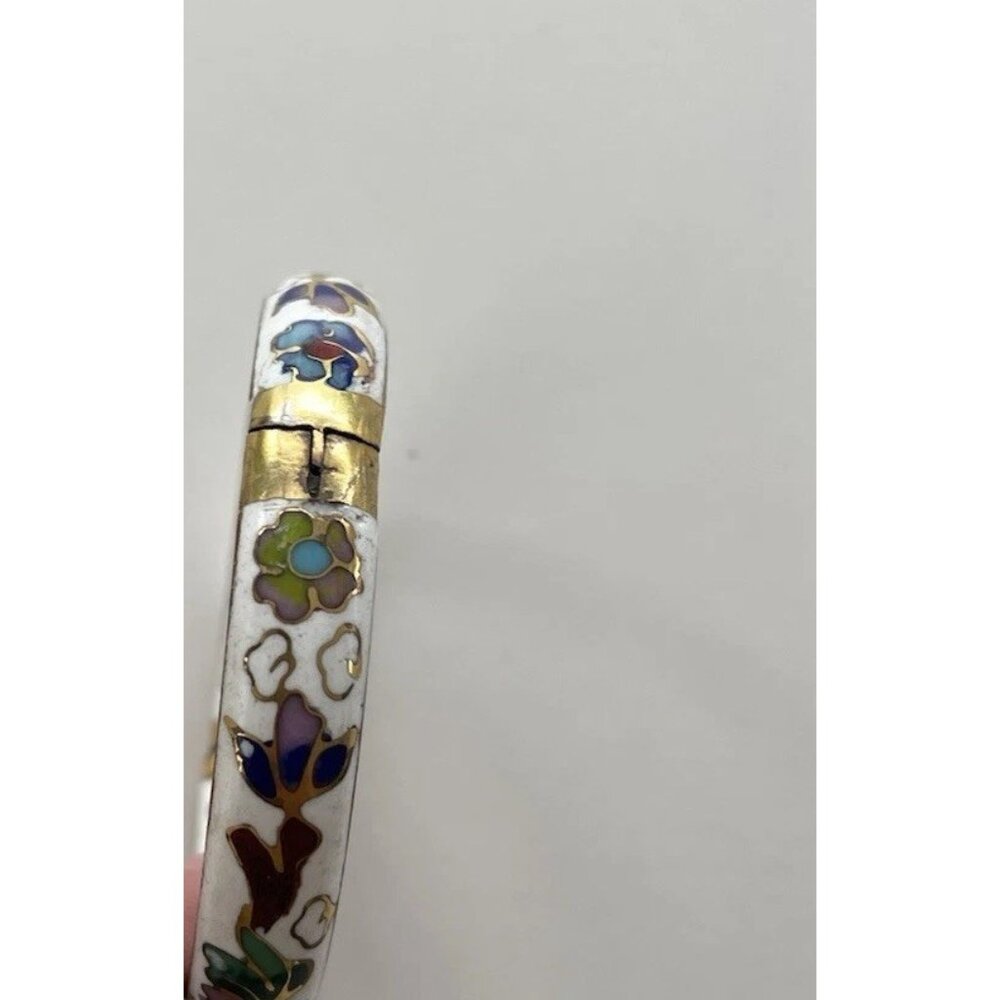 Vintage White Enamel Cloisonné Floral Blue Multi Color Hinged  Bangle Sz 7.5” - Picture 11 of 14